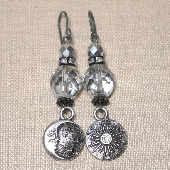 Hand Crafted Handmade Earrings Pewter & Niobium Moon & Stars Long Earrin… - Picture 1 of 5